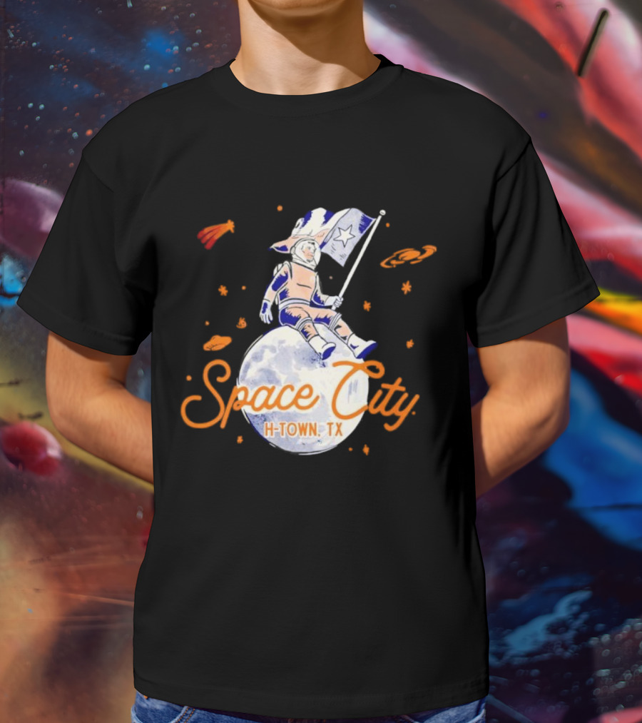 Space City H-Town TX Astronaut On Moon With Saturn And Stars T-Shirt