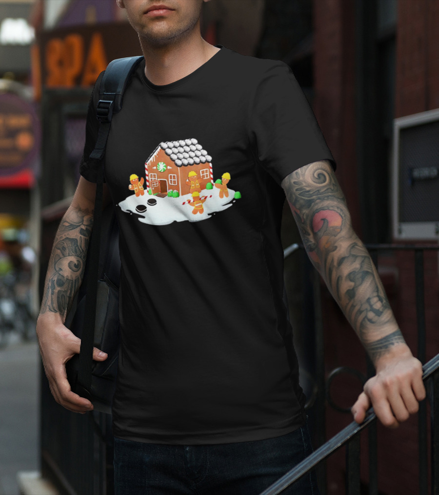 Gingerbread House Construction Crew Christmas Scene T-Shirt
