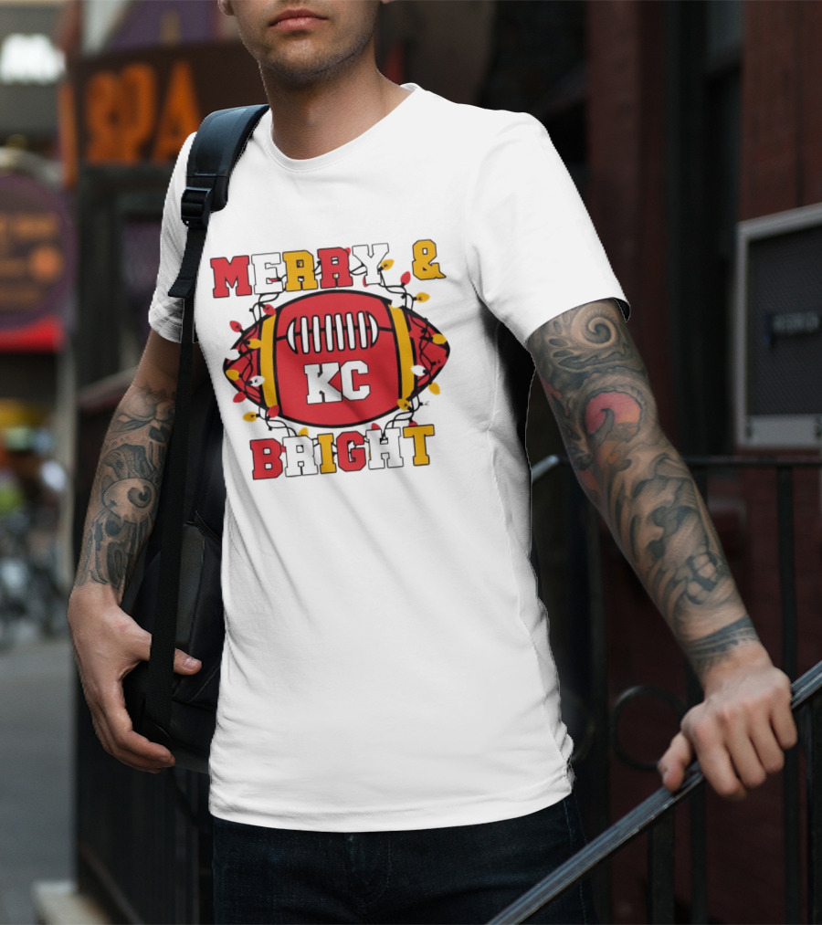 Kansas City Chiefs KC Merry And Bright Football Christmas T-Shirt