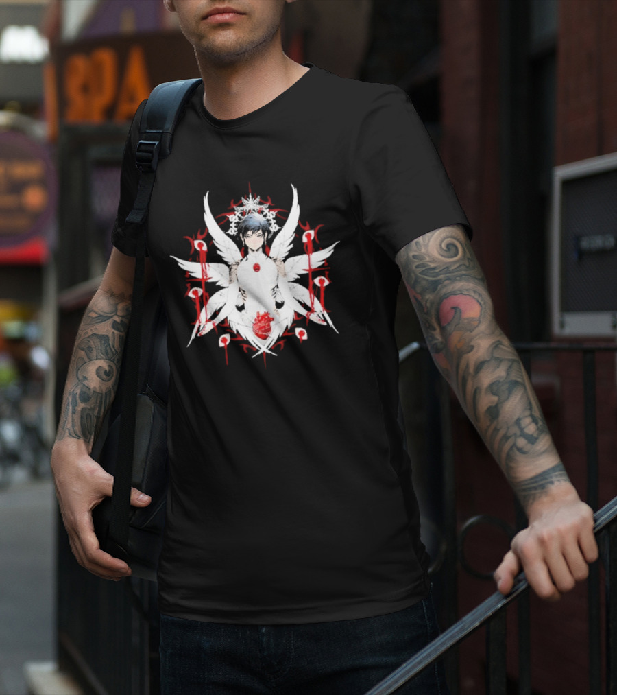 W6rst Maza Anime Angelic Figure With Wings And Red Accents T-Shirt
