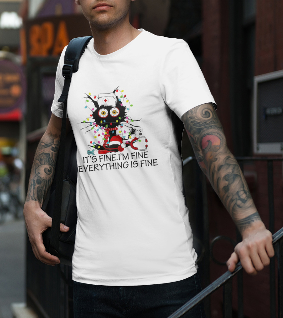 Black Cat Nurse It's Fine I'm Fine Everything Is Fine Christmas Lights Stethoscope T-Shirt