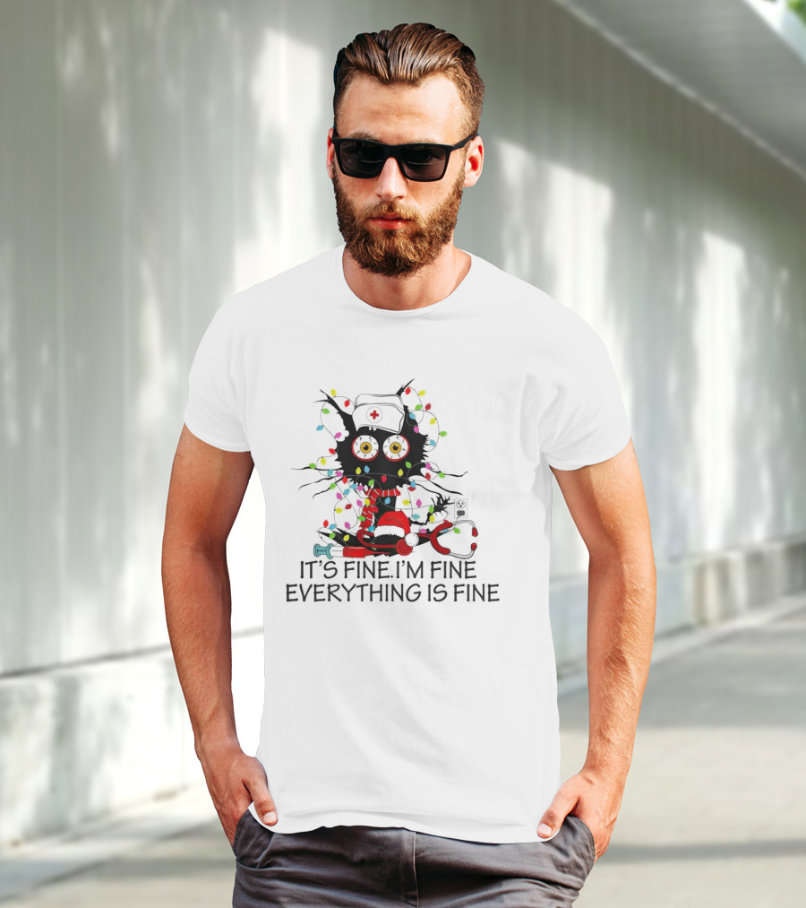 Black Cat Nurse It's Fine I'm Fine Everything Is Fine Christmas Lights Stethoscope T-Shirt