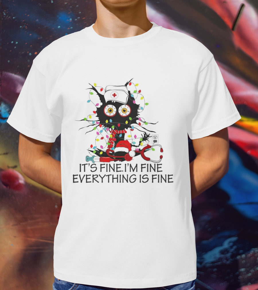 Black Cat Nurse It's Fine I'm Fine Everything Is Fine Christmas Lights Stethoscope T-Shirt