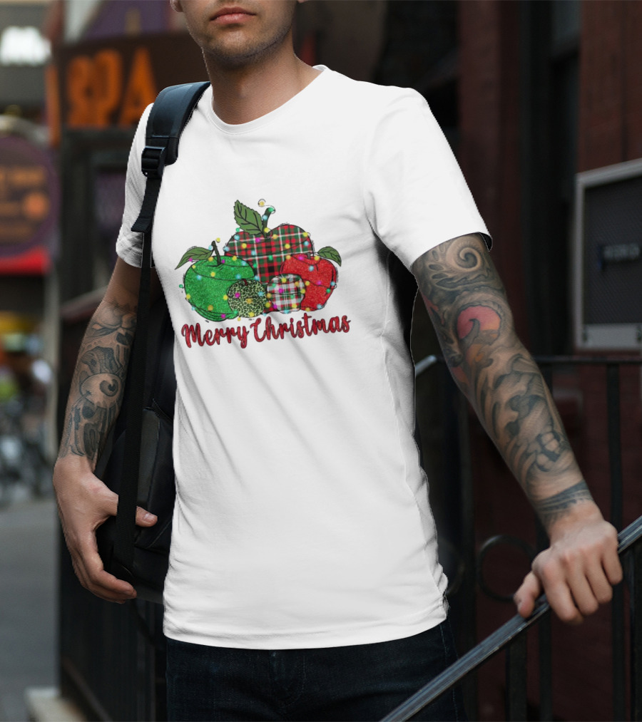 Merry Christmas Apples Plaid And Lights T-Shirt
