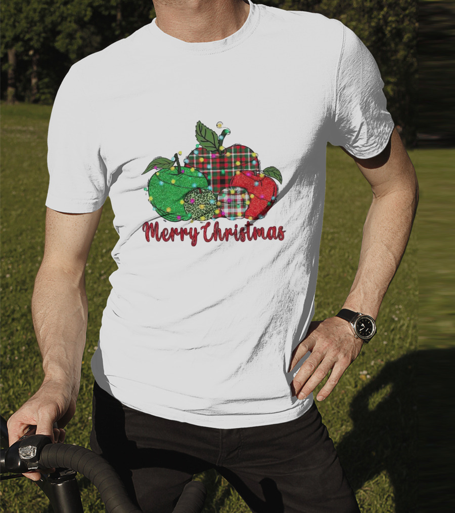 Merry Christmas Apples Plaid And Lights T-Shirt