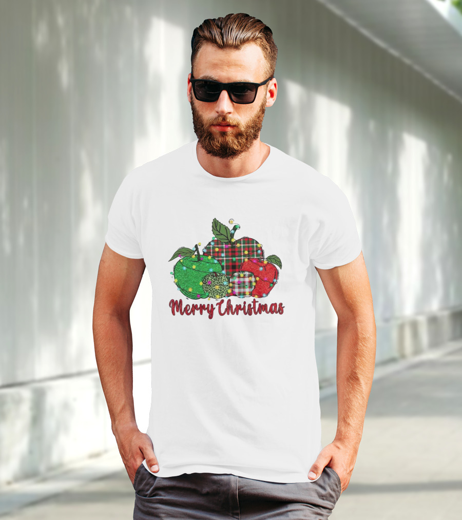 Merry Christmas Apples Plaid And Lights T-Shirt
