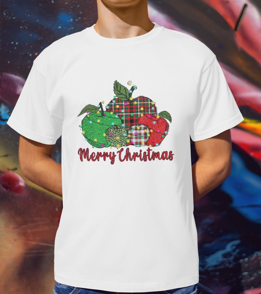 Merry Christmas Apples Plaid And Lights T-Shirt