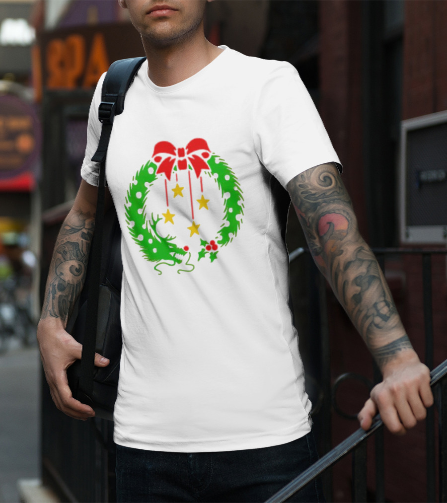 Christmas Wreath Dragon With Four Stars And Red Bow T-Shirt