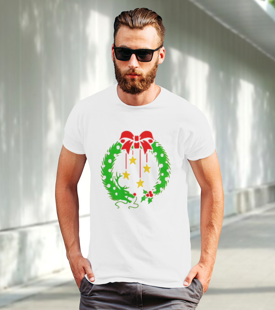 Christmas Wreath Dragon With Four Stars And Red Bow T-Shirt