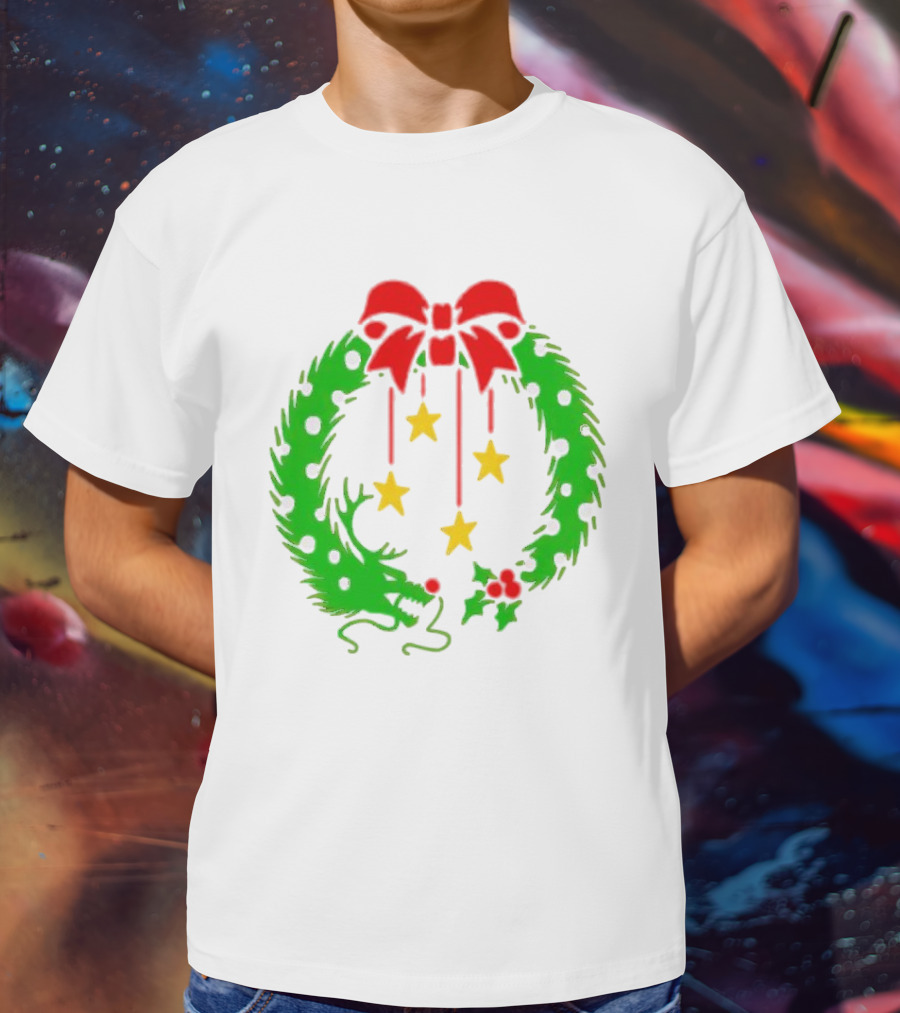 Christmas Wreath Dragon With Four Stars And Red Bow T-Shirt