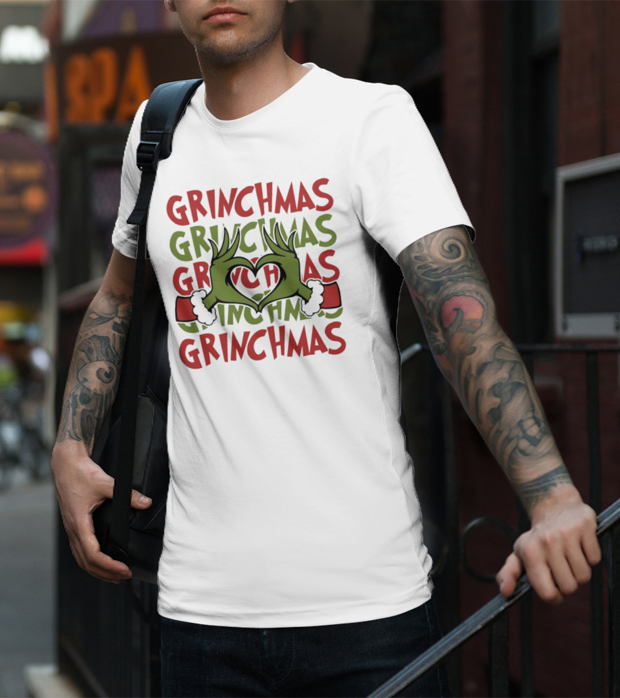 Grinch Hand Heart Love Grinchmas Repeating Text T-Shirt