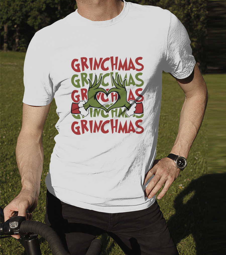 Grinch Hand Heart Love Grinchmas Repeating Text T-Shirt