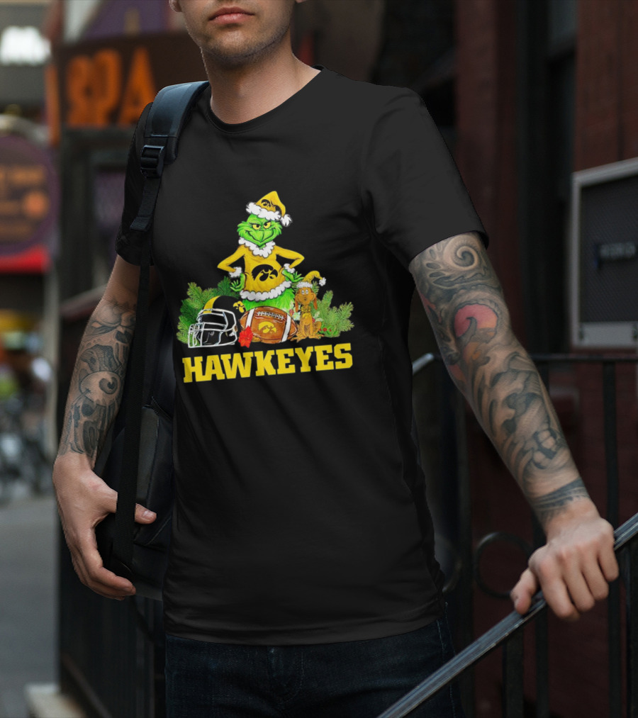Grinch Hawkeyes Christmas Football Iowa T-Shirt