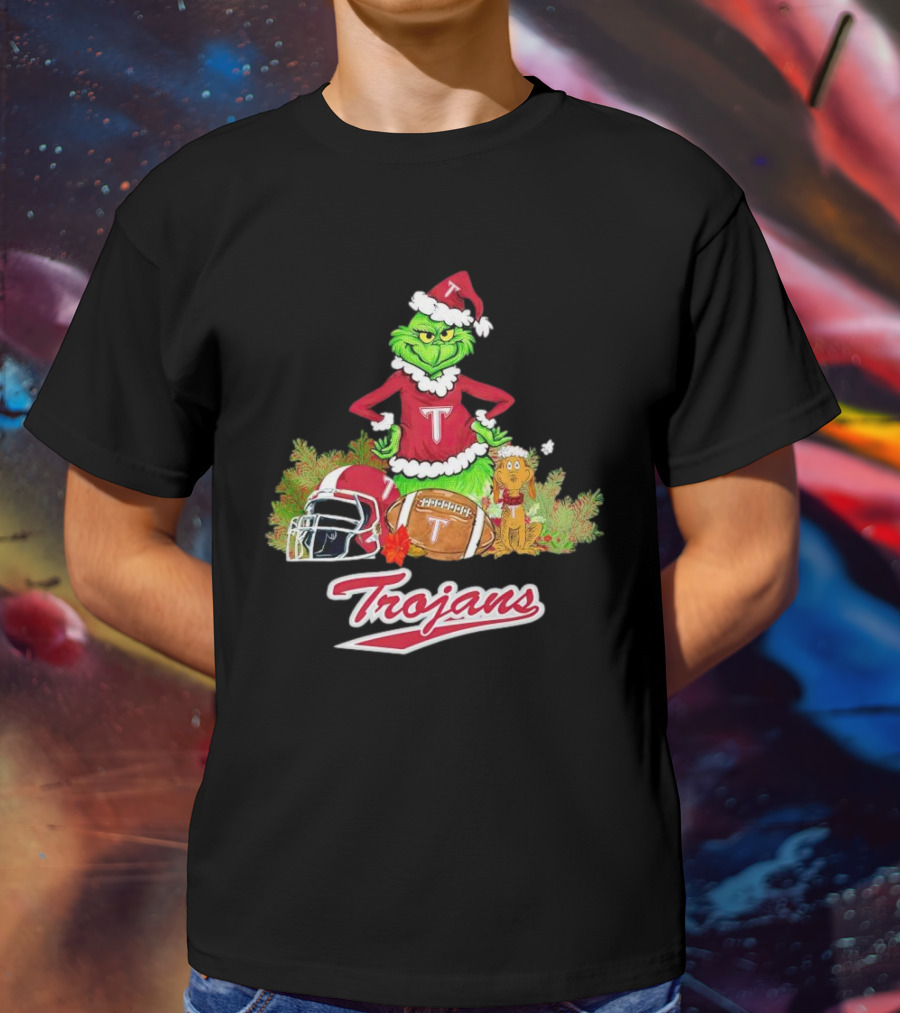 Grinch Troy Trojans Christmas Football Festive Scene T-Shirt