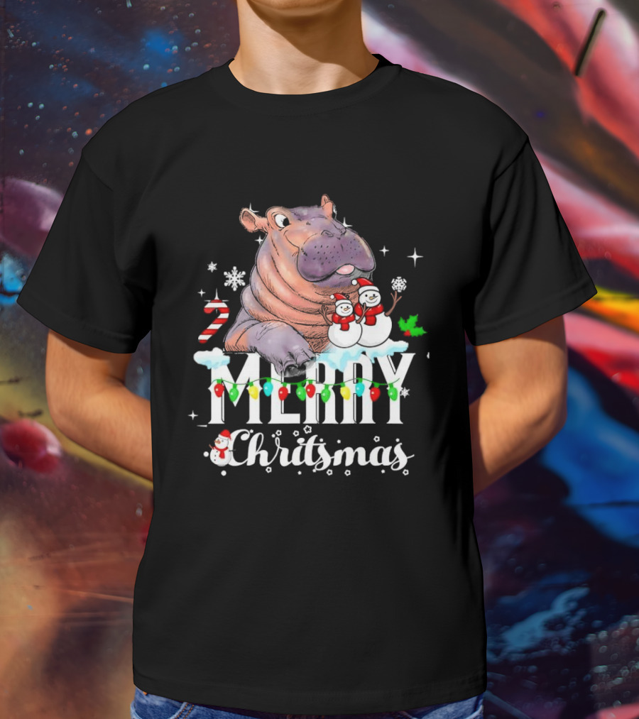 Hippo Merry Christmas Snowmen Candy Cane Lights T-Shirt