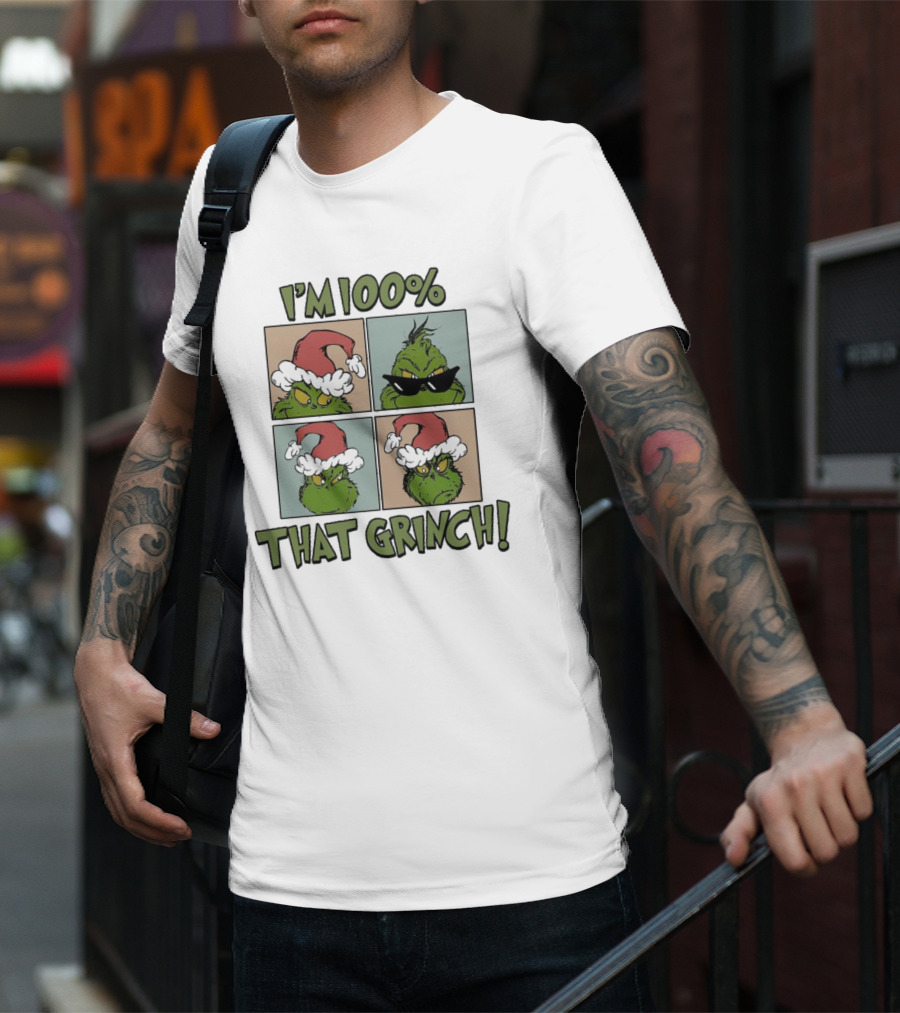 I'm 100% That Grinch Christmas Icon With Santa Hat And Sunglasses T-Shirt
