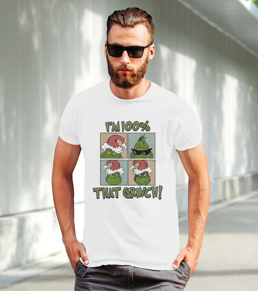 I'm 100% That Grinch Christmas Icon With Santa Hat And Sunglasses T-Shirt
