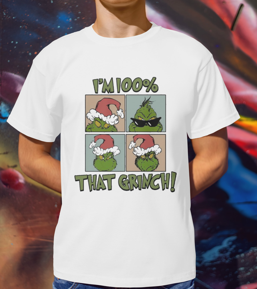 I'm 100% That Grinch Christmas Icon With Santa Hat And Sunglasses T-Shirt