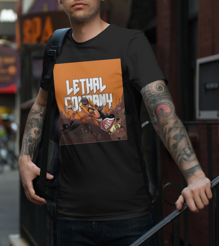 Lethal Company Stop Sign Creature Battle Scene T-Shirt