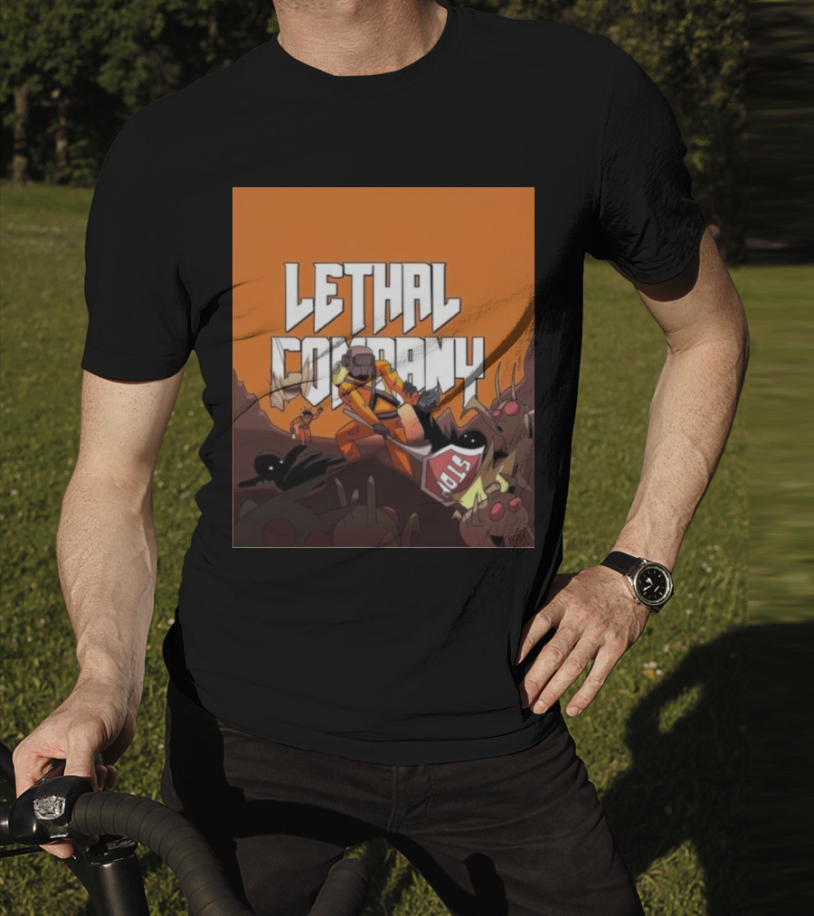 Lethal Company Stop Sign Creature Battle Scene T-Shirt