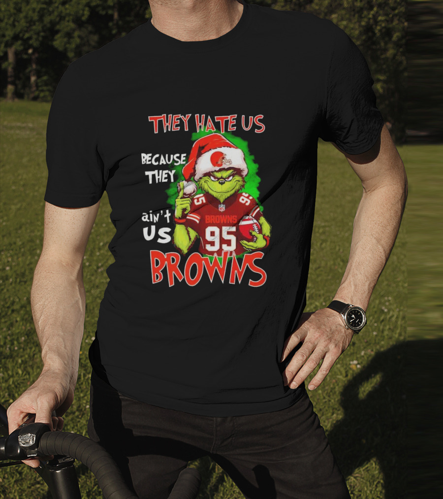 Myles Garrett Grinch They Hate Us Because They Ain't Us Browns NFL Football 95 Santa Hat T-Shirt