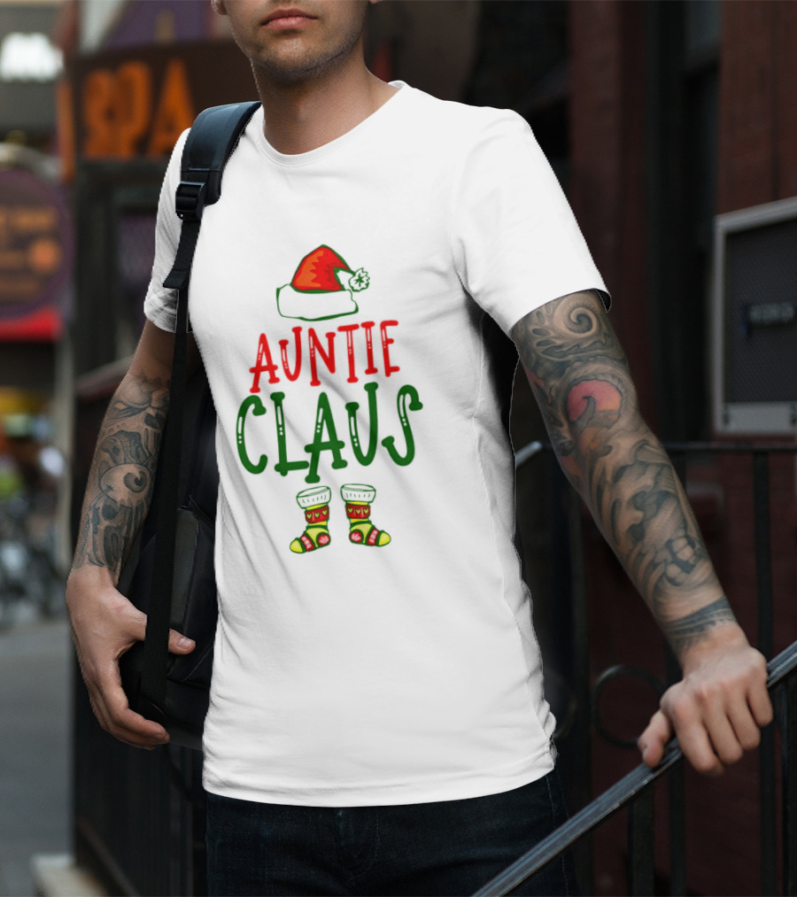 Auntie Claus Christmas Holiday Hat And Festive Socks T-Shirt