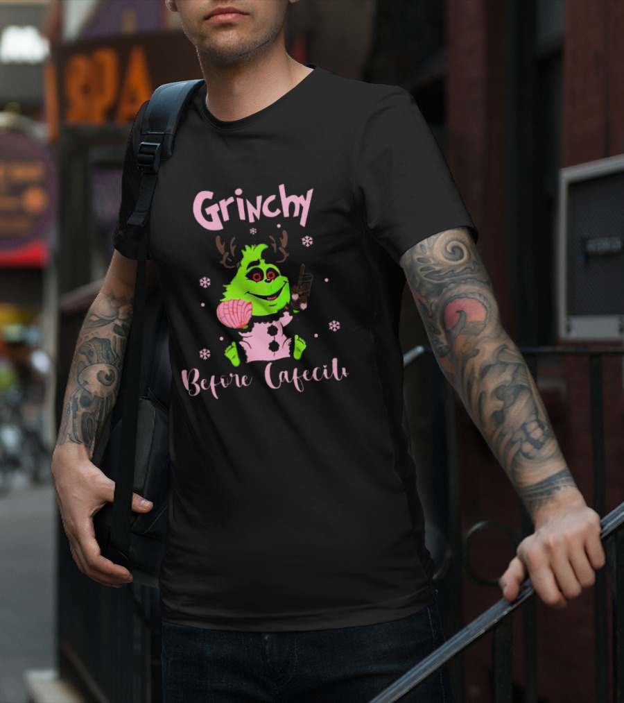 Grinchy Before Cafecito Christmas Holiday Drink Snowflakes T-Shirt