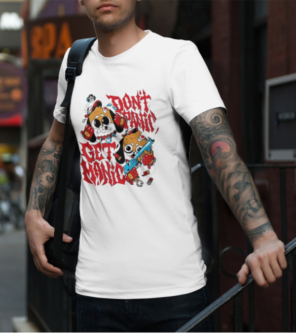 Don’t Panic Get Manic Cartoon Bears In Red And Black With Blue Gun T-Shirt