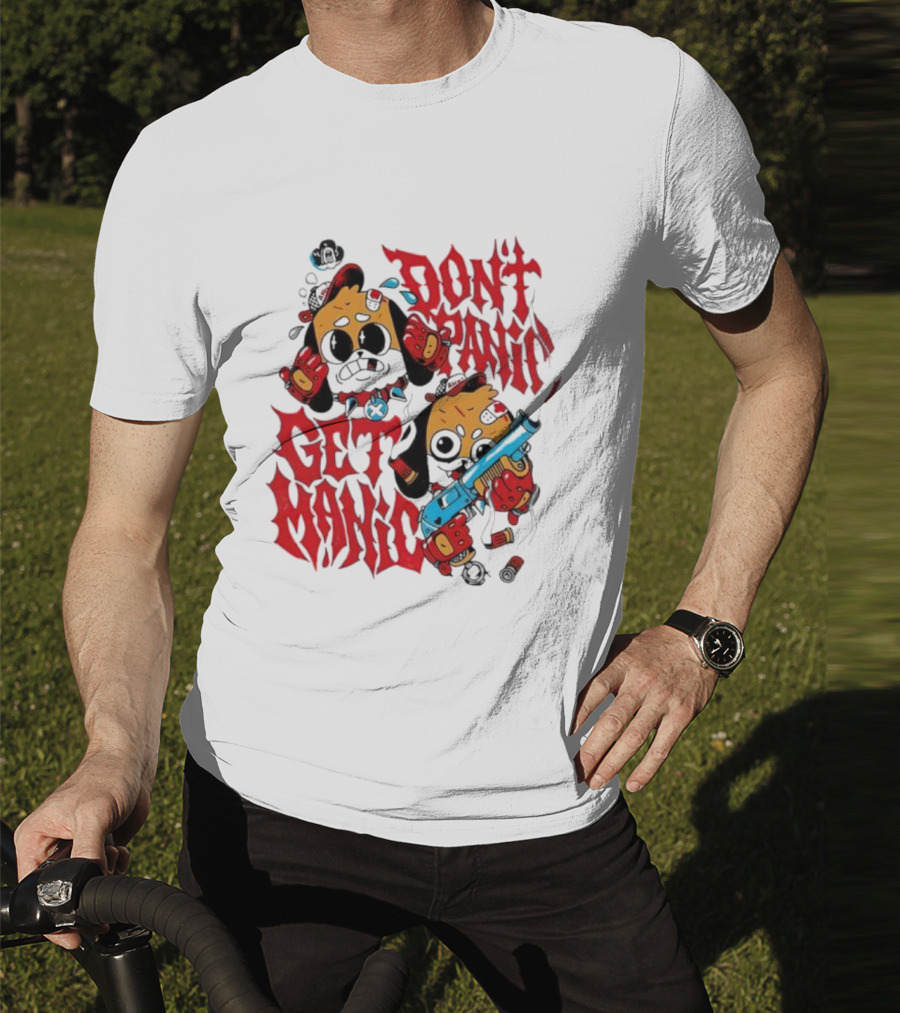 Don’t Panic Get Manic Cartoon Bears In Red And Black With Blue Gun T-Shirt