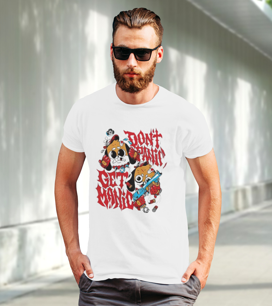 Don’t Panic Get Manic Cartoon Bears In Red And Black With Blue Gun T-Shirt