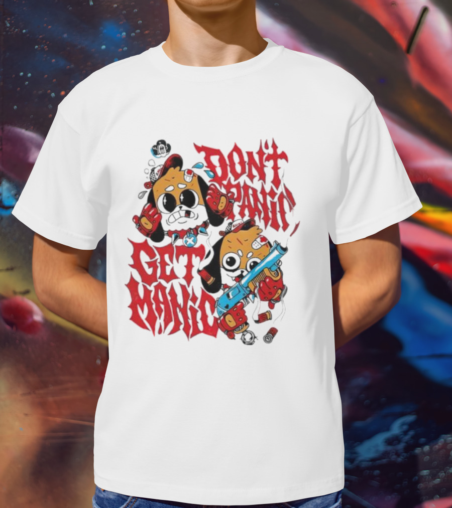 Don’t Panic Get Manic Cartoon Bears In Red And Black With Blue Gun T-Shirt