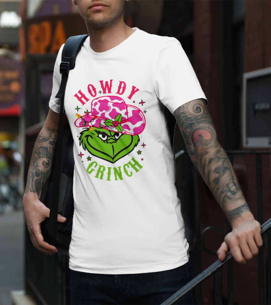 Howdy Grinch Christmas Cowboy Hat Festive Lights T-Shirt