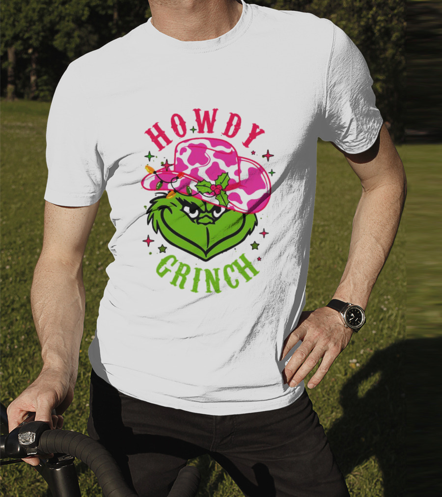Howdy Grinch Christmas Cowboy Hat Festive Lights T-Shirt