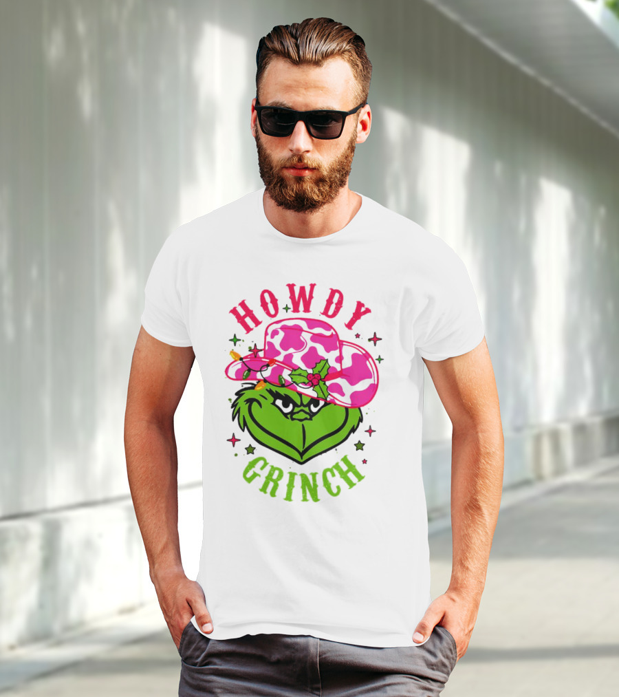 Howdy Grinch Christmas Cowboy Hat Festive Lights T-Shirt