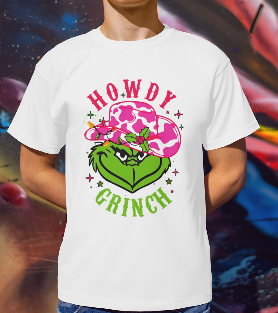 Howdy Grinch Christmas Cowboy Hat Festive Lights T-Shirt