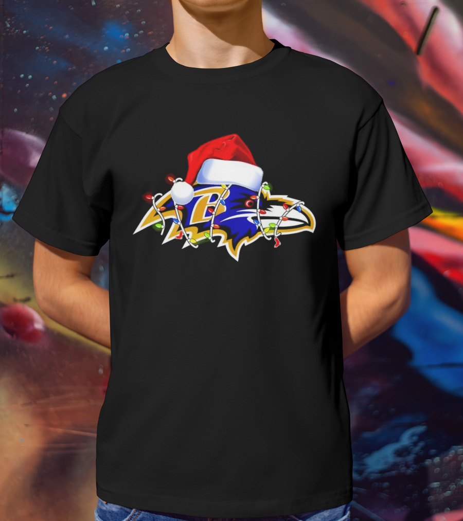 Baltimore Ravens Christmas Lights Santa Hat T-Shirt