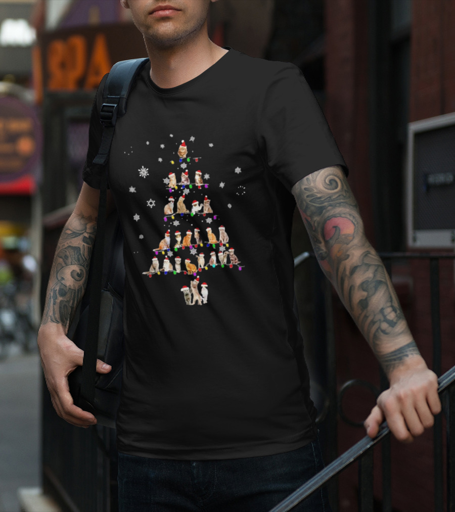 Cats With Santa Hats And Christmas Lights In Tree Shape T-Shirt
