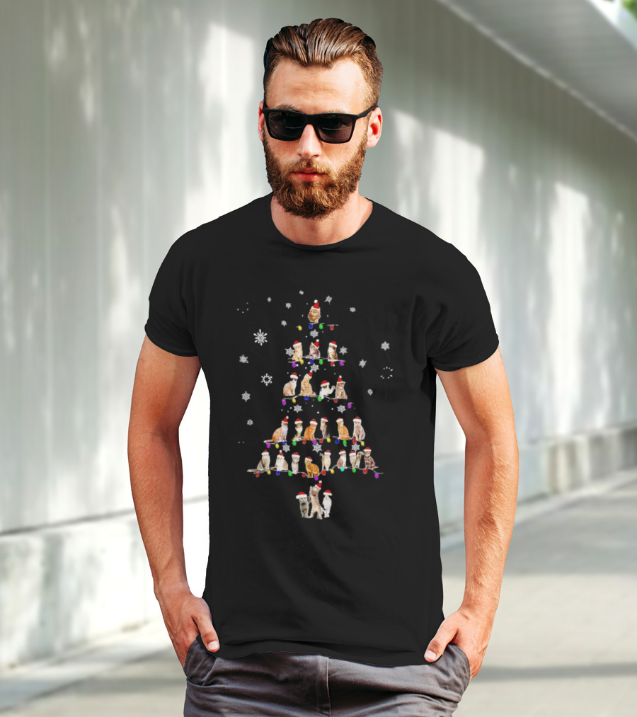 Cats With Santa Hats And Christmas Lights In Tree Shape T-Shirt