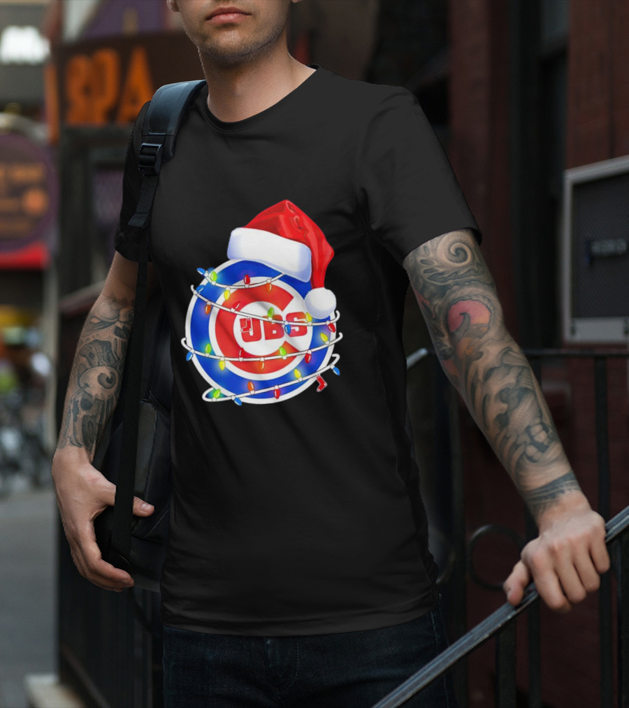 Chicago Cubs Festive Christmas Lights With Santa Hat T-Shirt