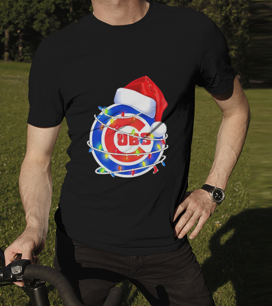 Chicago Cubs Festive Christmas Lights With Santa Hat T-Shirt