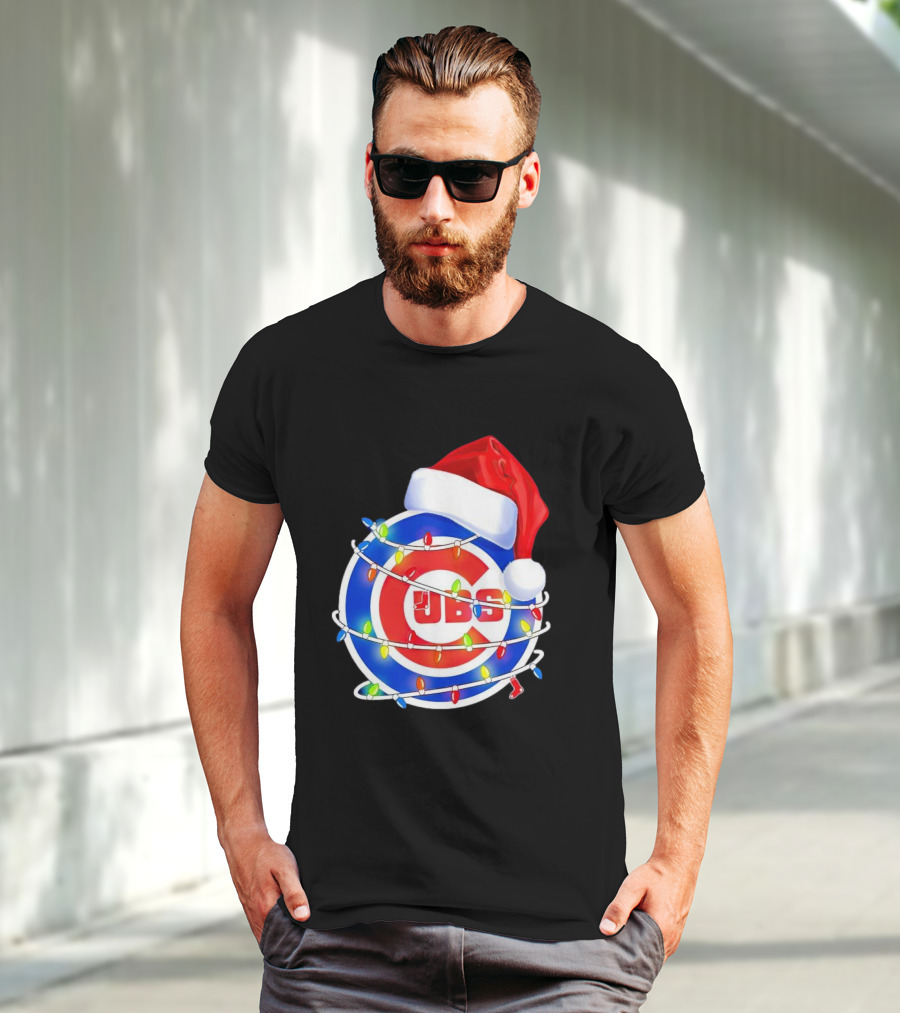 Chicago Cubs Festive Christmas Lights With Santa Hat T-Shirt