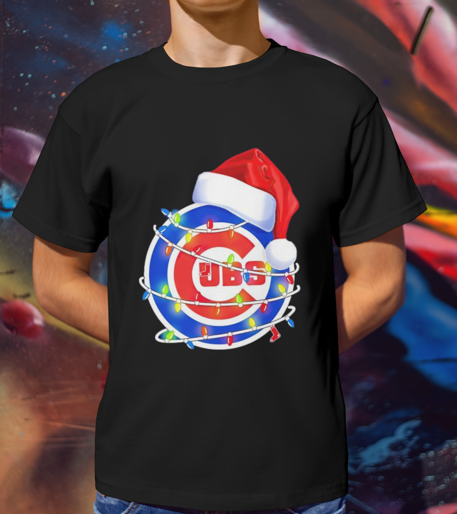 Chicago Cubs Festive Christmas Lights With Santa Hat T-Shirt