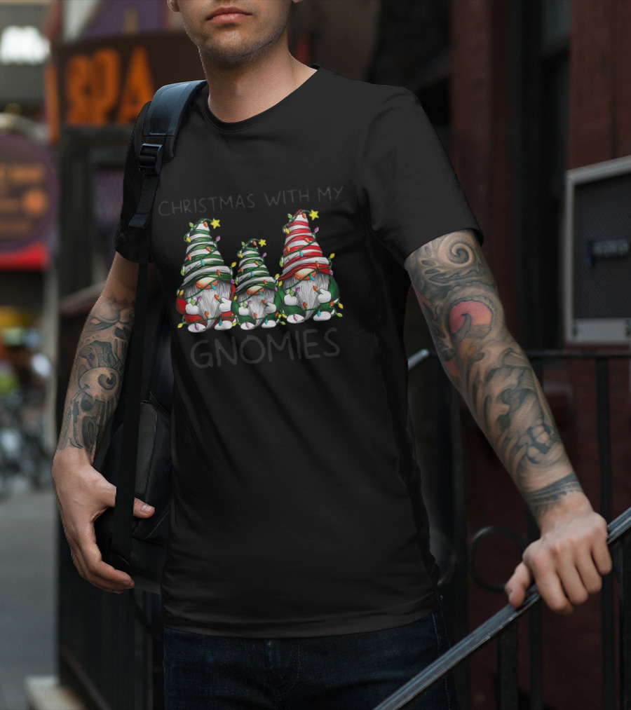 Christmas With My Gnomies Festive Holiday Lights Gnome Trio T-Shirt