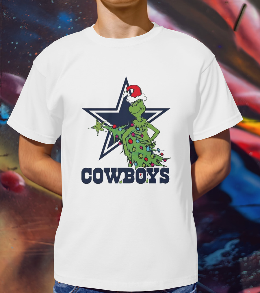 Dallas Cowboys Grinch In Santa Hat With Christmas Tree And Star T-Shirt