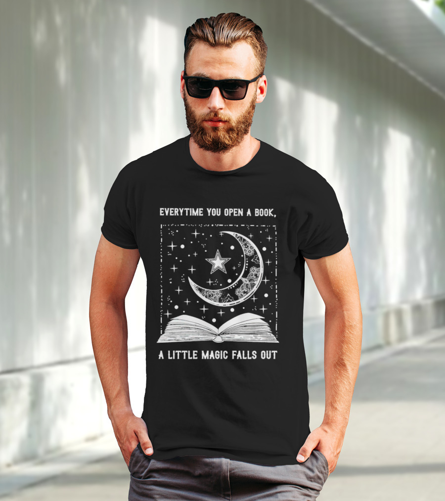 Everytime You Open A Book A Little Magic Falls Out With Starry Crescent Moon And Open Pages T-Shirt