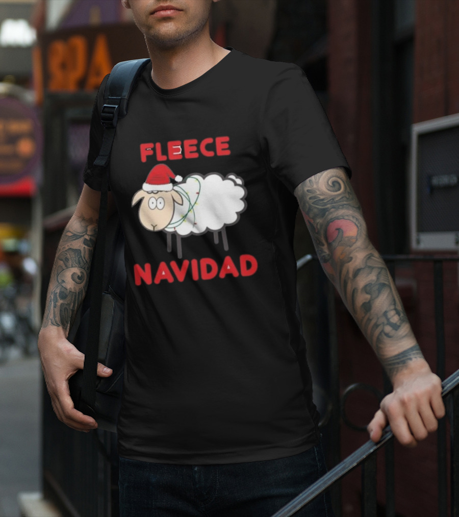 Fleece Navidad Christmas Sheep With Santa Hat And Festive Lights T-Shirt