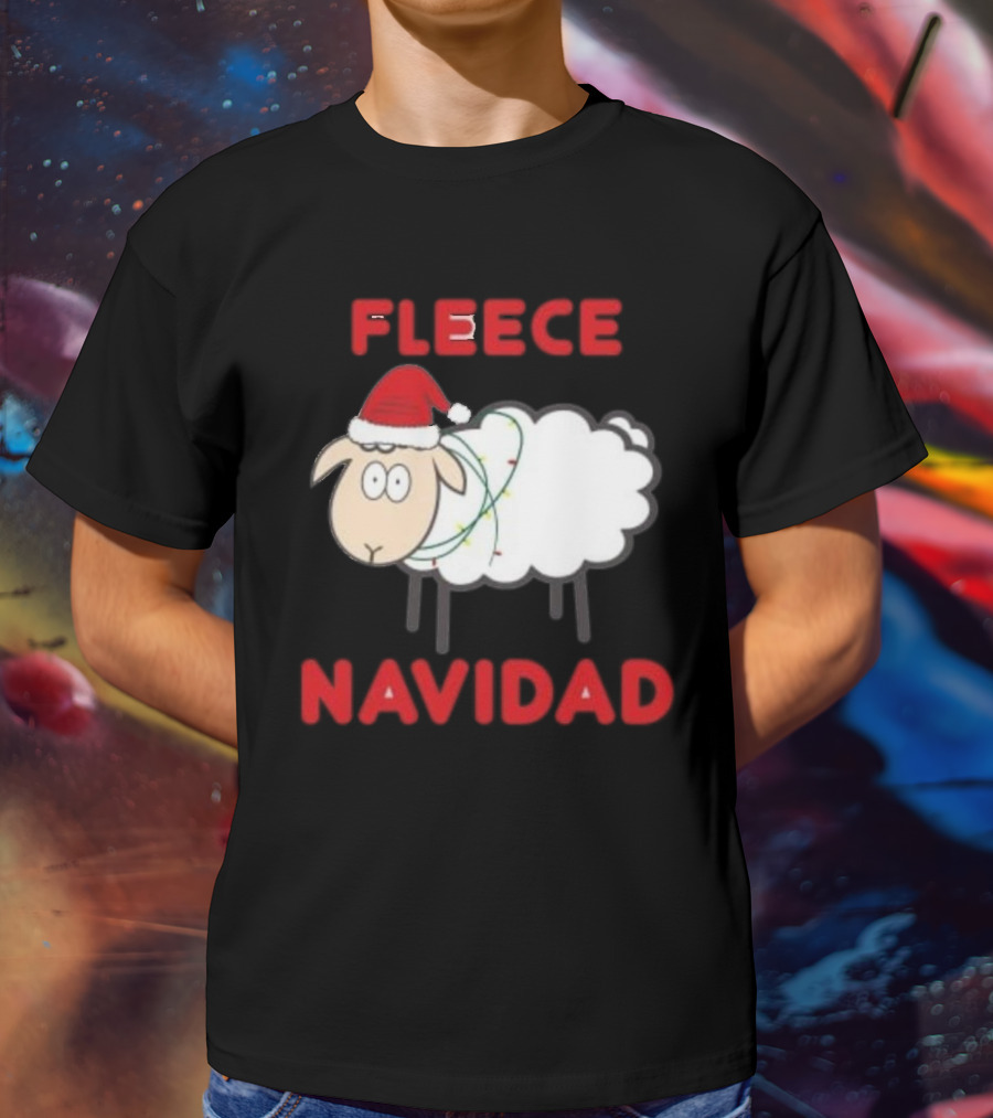 Fleece Navidad Christmas Sheep With Santa Hat And Festive Lights T-Shirt