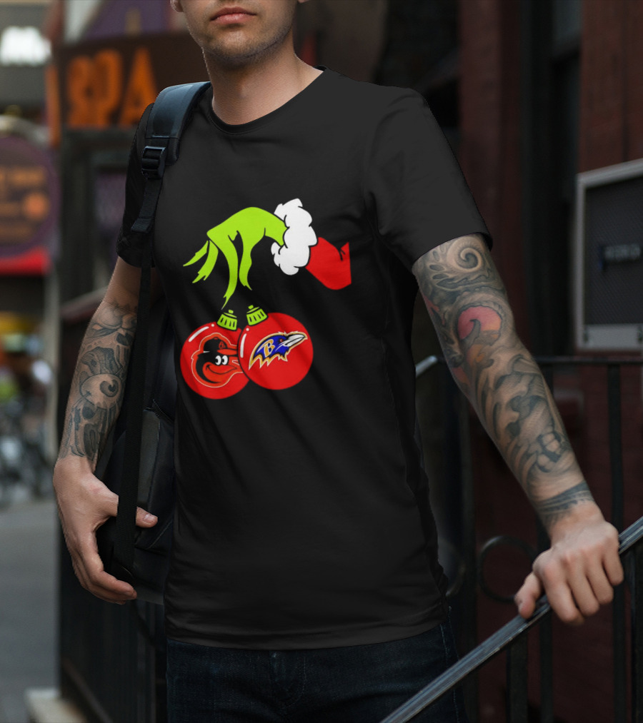 Grinch Hand Holding Baltimore Ravens And Orioles Christmas Ornaments T-Shirt