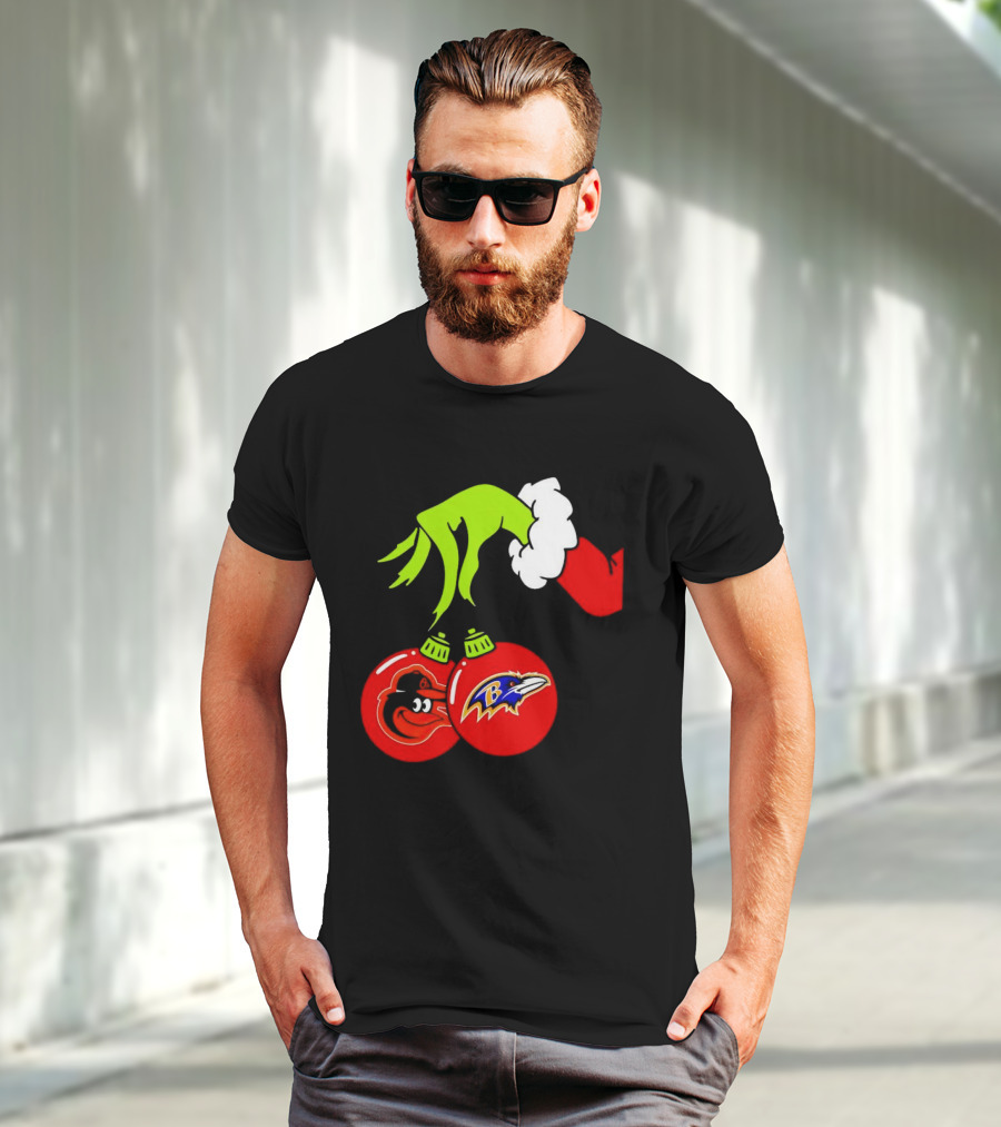 Grinch Hand Holding Baltimore Ravens And Orioles Christmas Ornaments T-Shirt