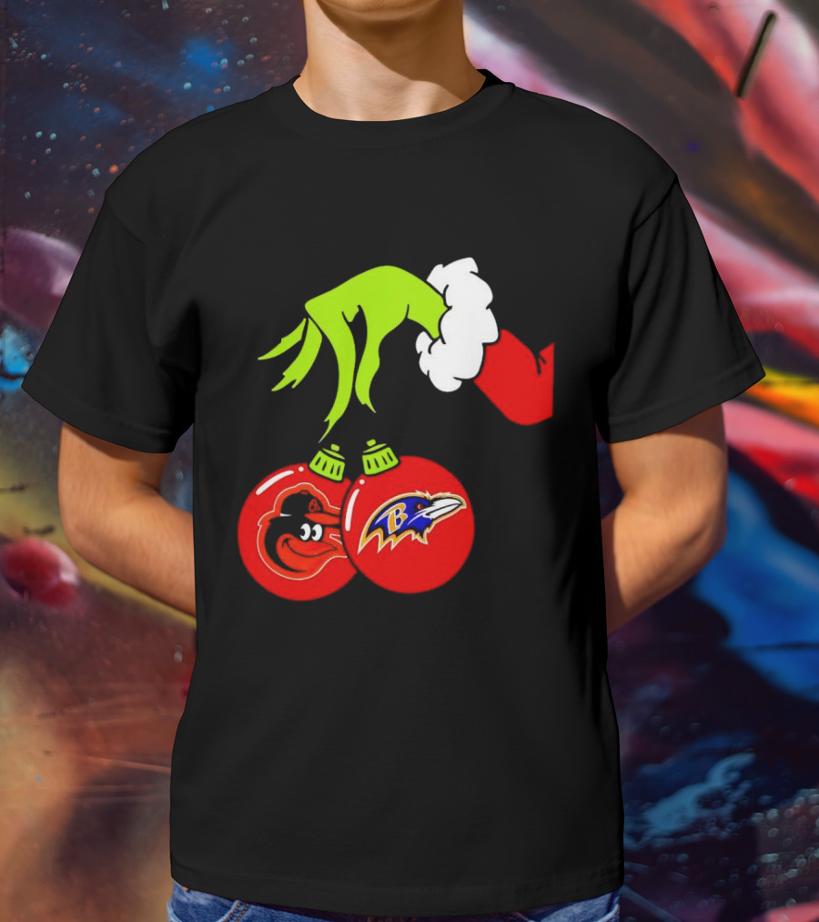 Grinch Hand Holding Baltimore Ravens And Orioles Christmas Ornaments T-Shirt
